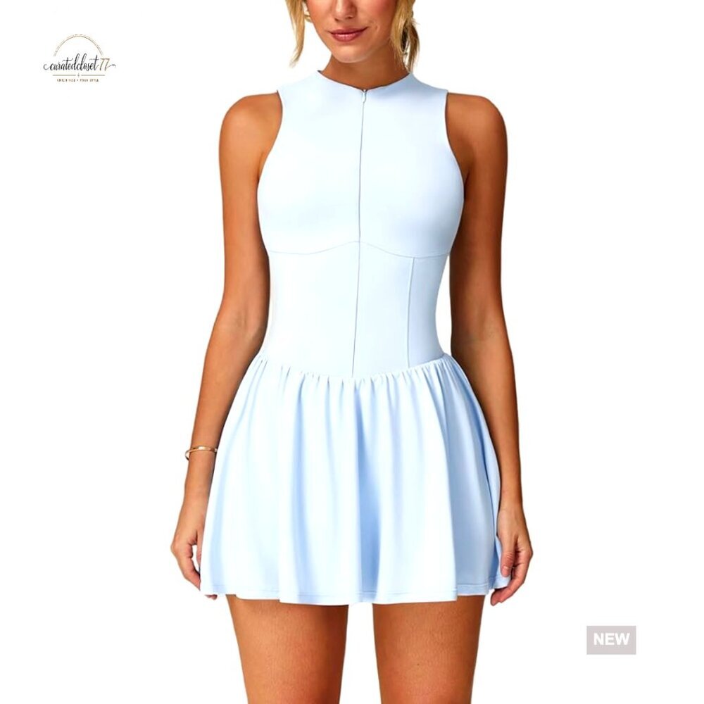 Zip Front Tennis Dress High Neck Sleeveless Built-in Shorts Pockets Active